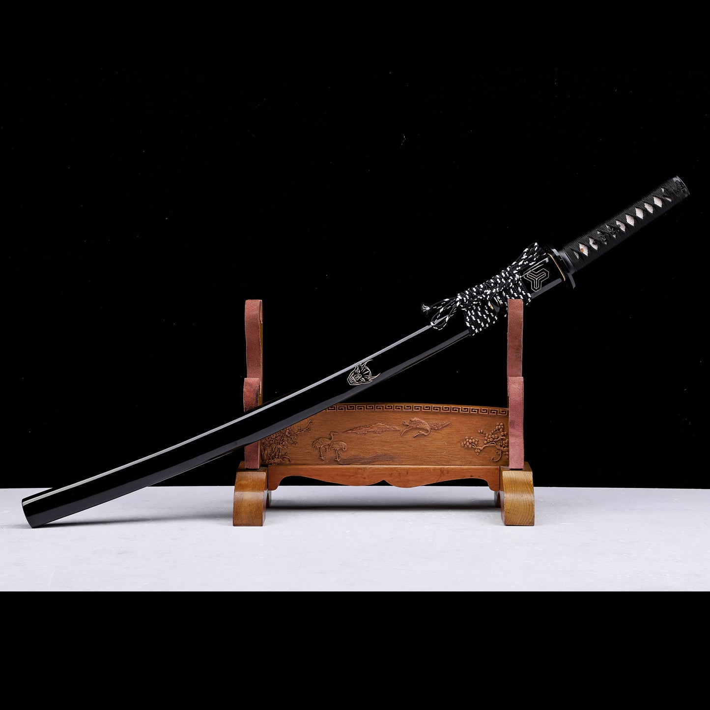Damascus Steel Clay Tempered Katana, Gloss Black Lacquer Saya