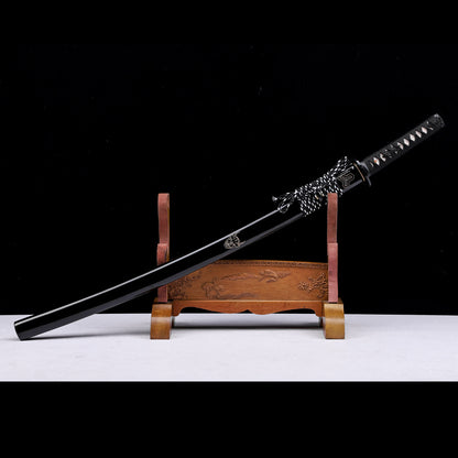 Damascus Steel Clay Tempered Katana, Gloss Black Lacquer Saya