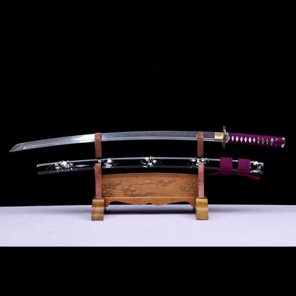 Damascus Steel Engraved Blade Katana, Black White Art Lacquer Saya