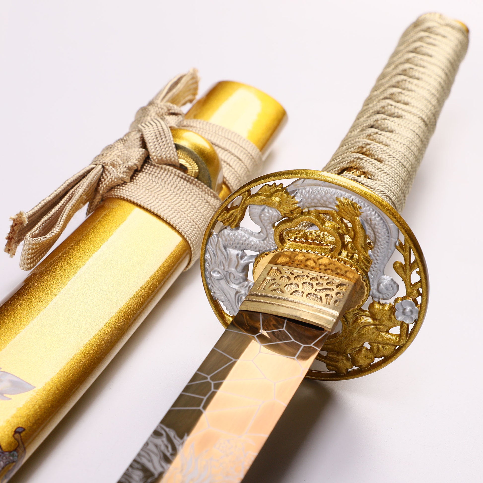 Golden Dragon katana lifestyle display - full sword complete set