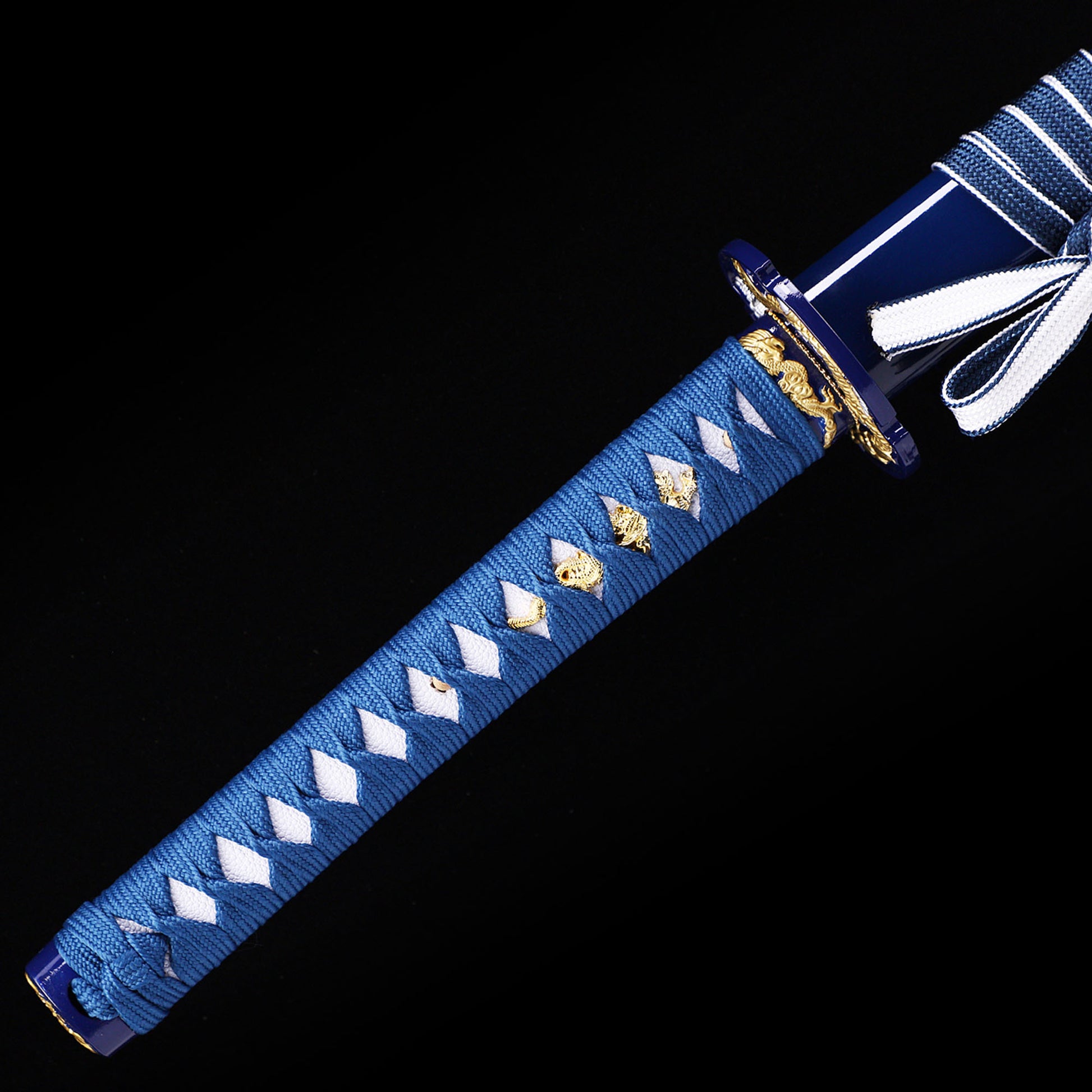 Blue Dragon katana handle close-up - blue tsuka wrap with dragon design