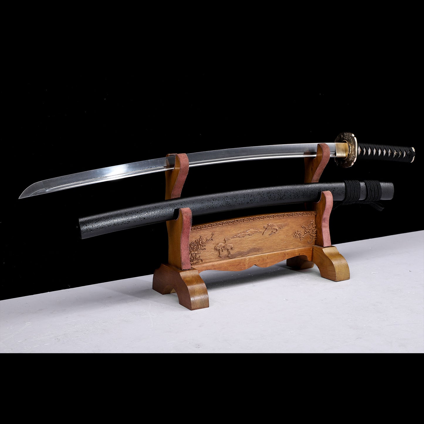 Damascus Steel Oil-Quenched Katana, Black Speckled Lacquer Saya
