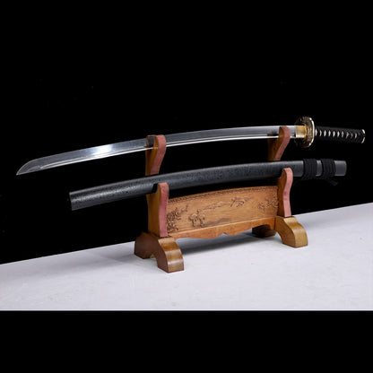 Damascus Steel Oil-Quenched Katana, Black Speckled Lacquer Saya