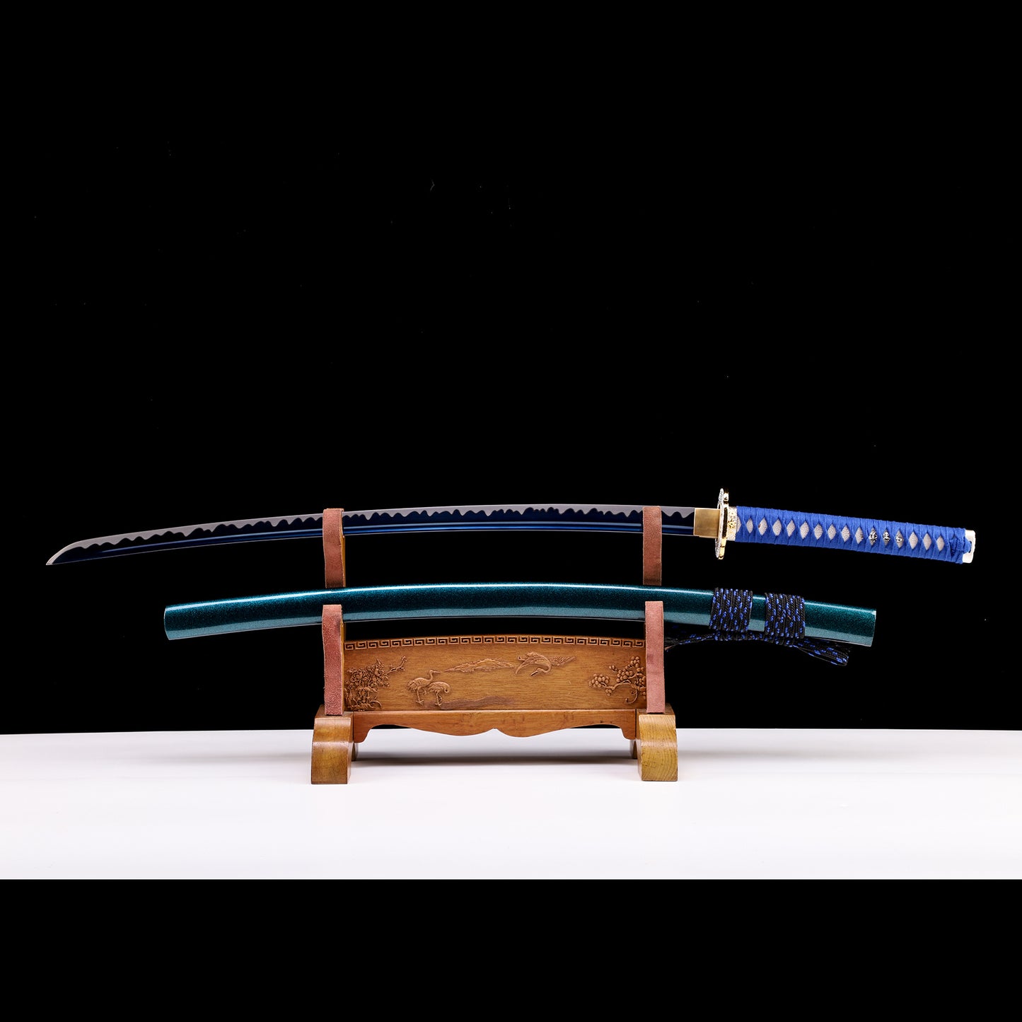 Teal saya blue handle katana side profile - full tang steel blade teal scabbard