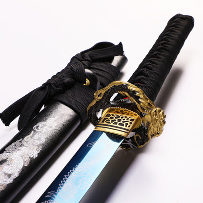 Blue Black Dragon katana tsuba guard detail - dragon motif hand guard close-up