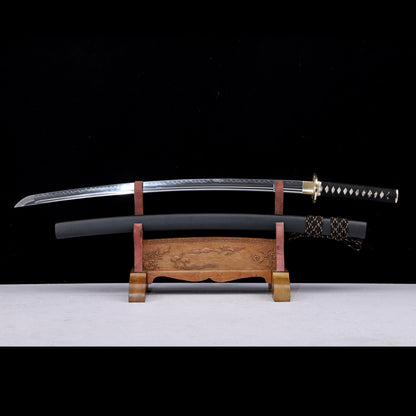 High Carbon Steel Clay Tempered Katana, Matte Black Lacquer Saya
