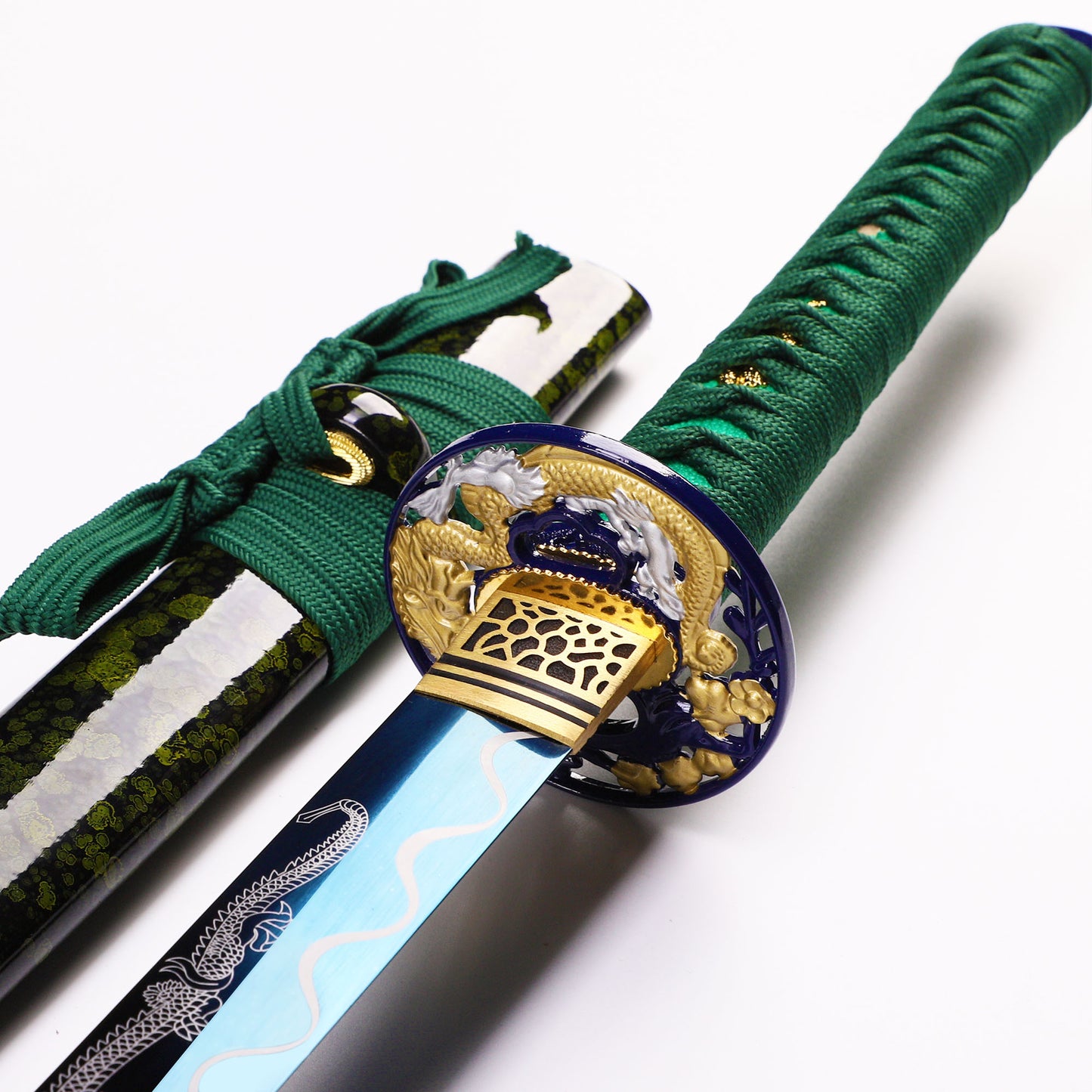 Blue Green Dragon katana tsuba guard detail - dragon motif hand guard close-up