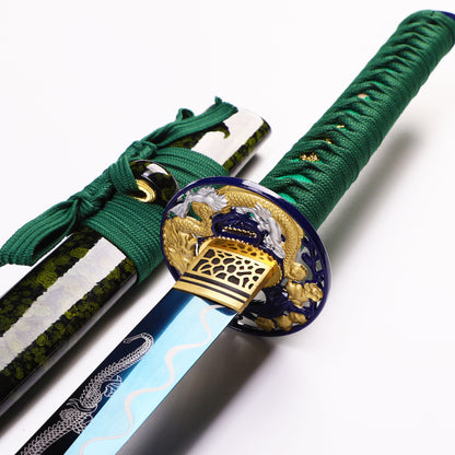 Blue Green Dragon katana tsuba guard detail - dragon motif hand guard close-up