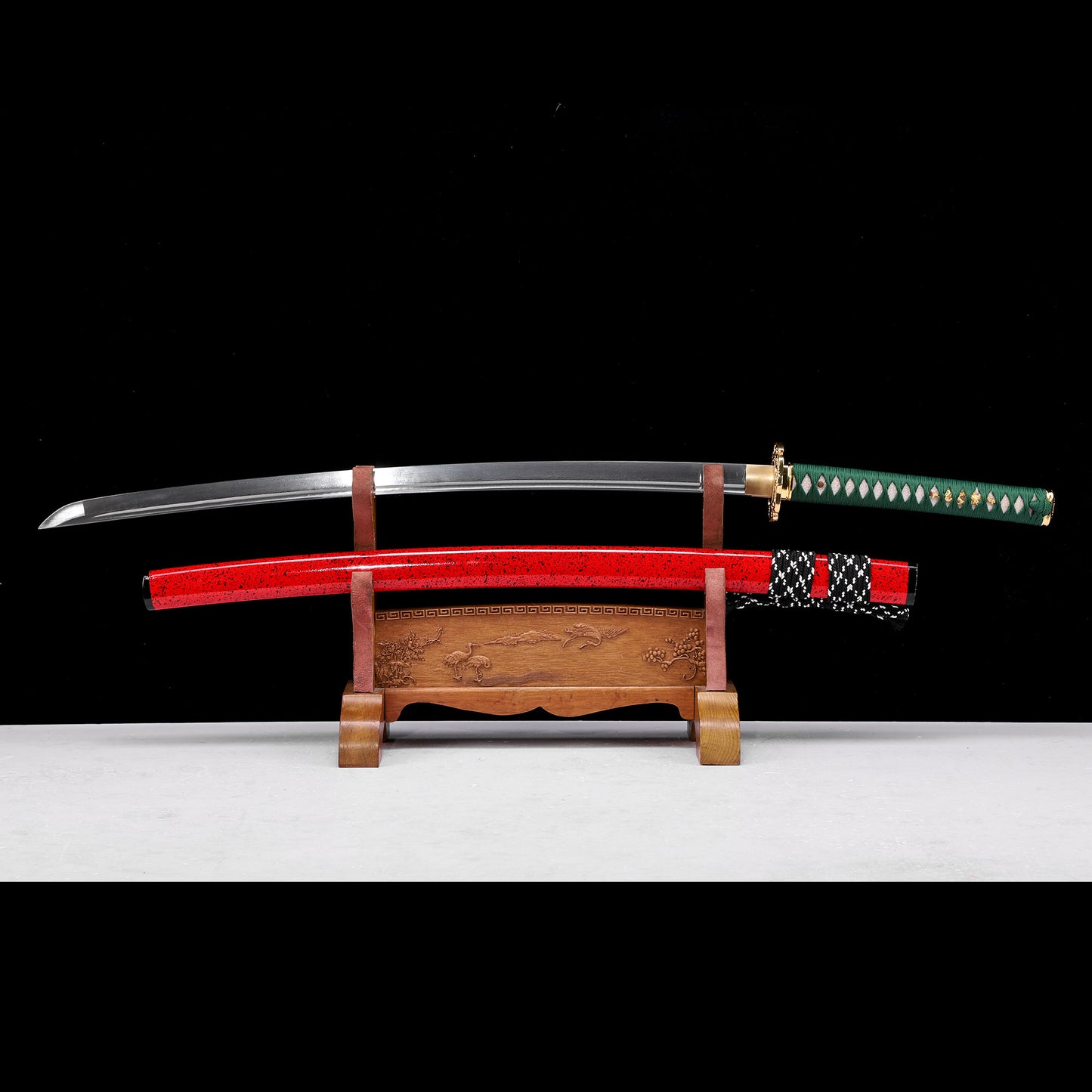 Pattern Steel Katana with Green Handle & Red Saya