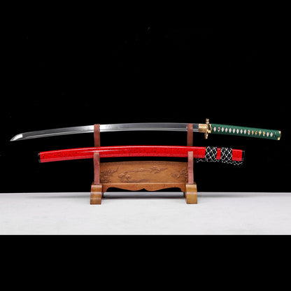 Pattern Steel Katana with Green Handle & Red Saya