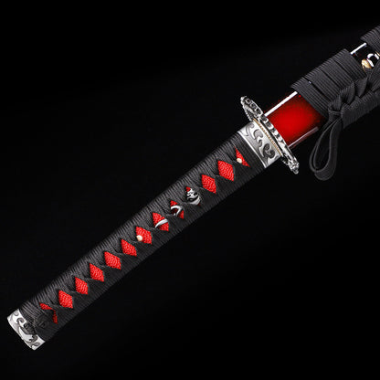 Dark Red Dragon katana handle close-up - red tsuka wrap with dragon design