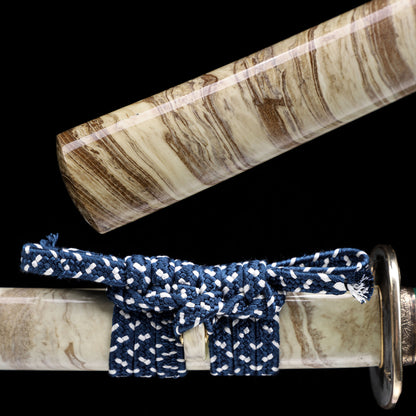 Twisted Damascus Steel Katana, Marble Wood Grain Lacquer Saya