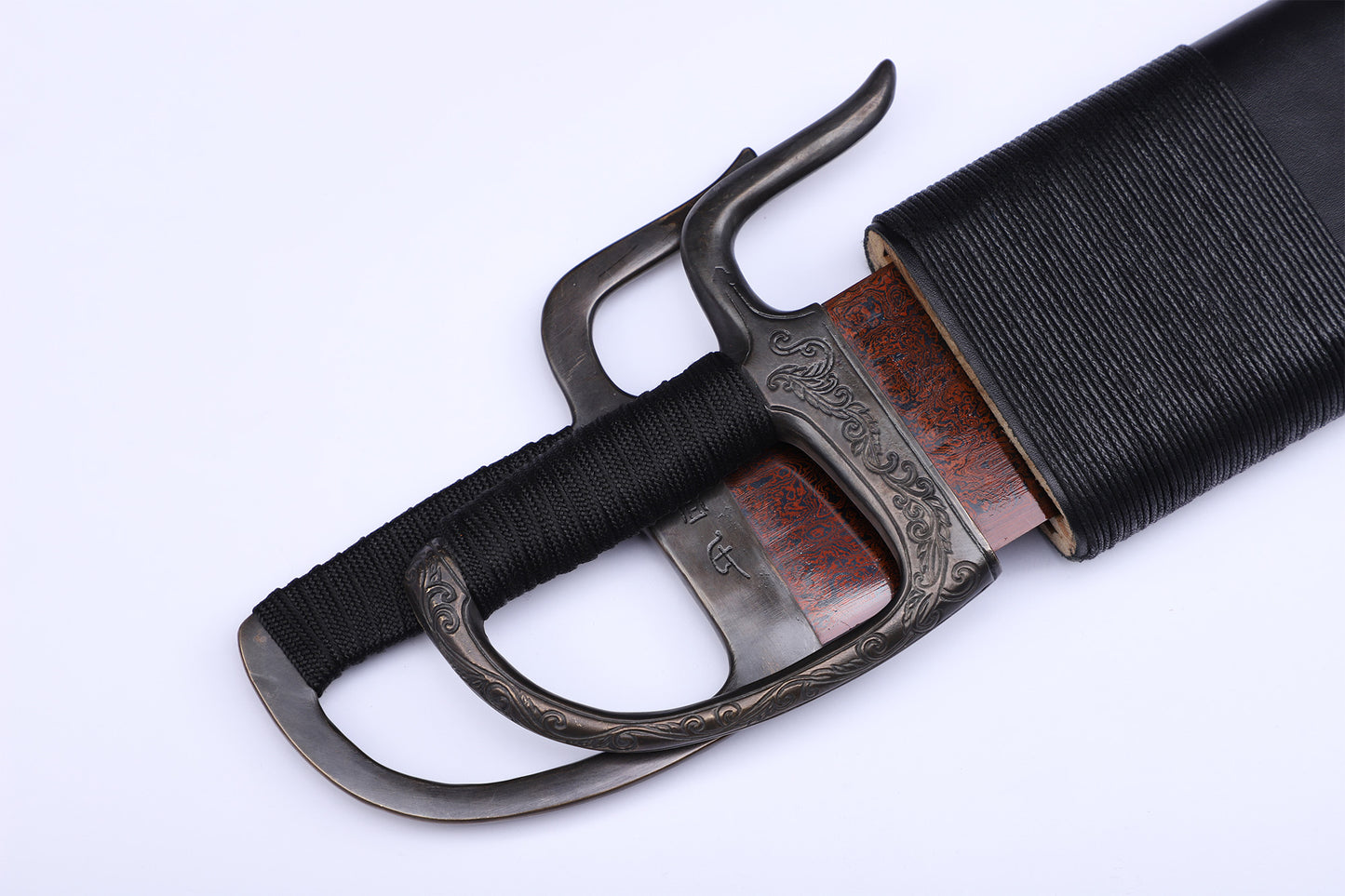 Vintage Engraved Brass Guard Thick Leather Wrapped Wood Saya  Twin Knives