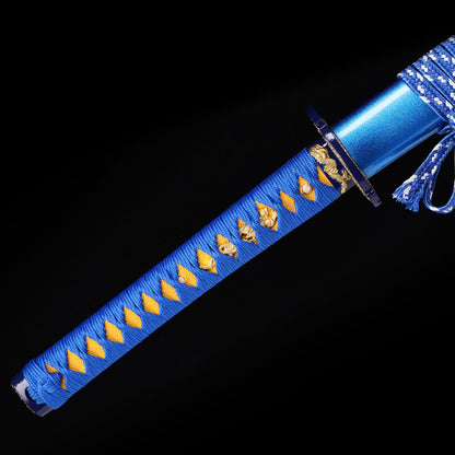 Blue Dragon katana handle close-up - blue tsuka wrap with dragon design