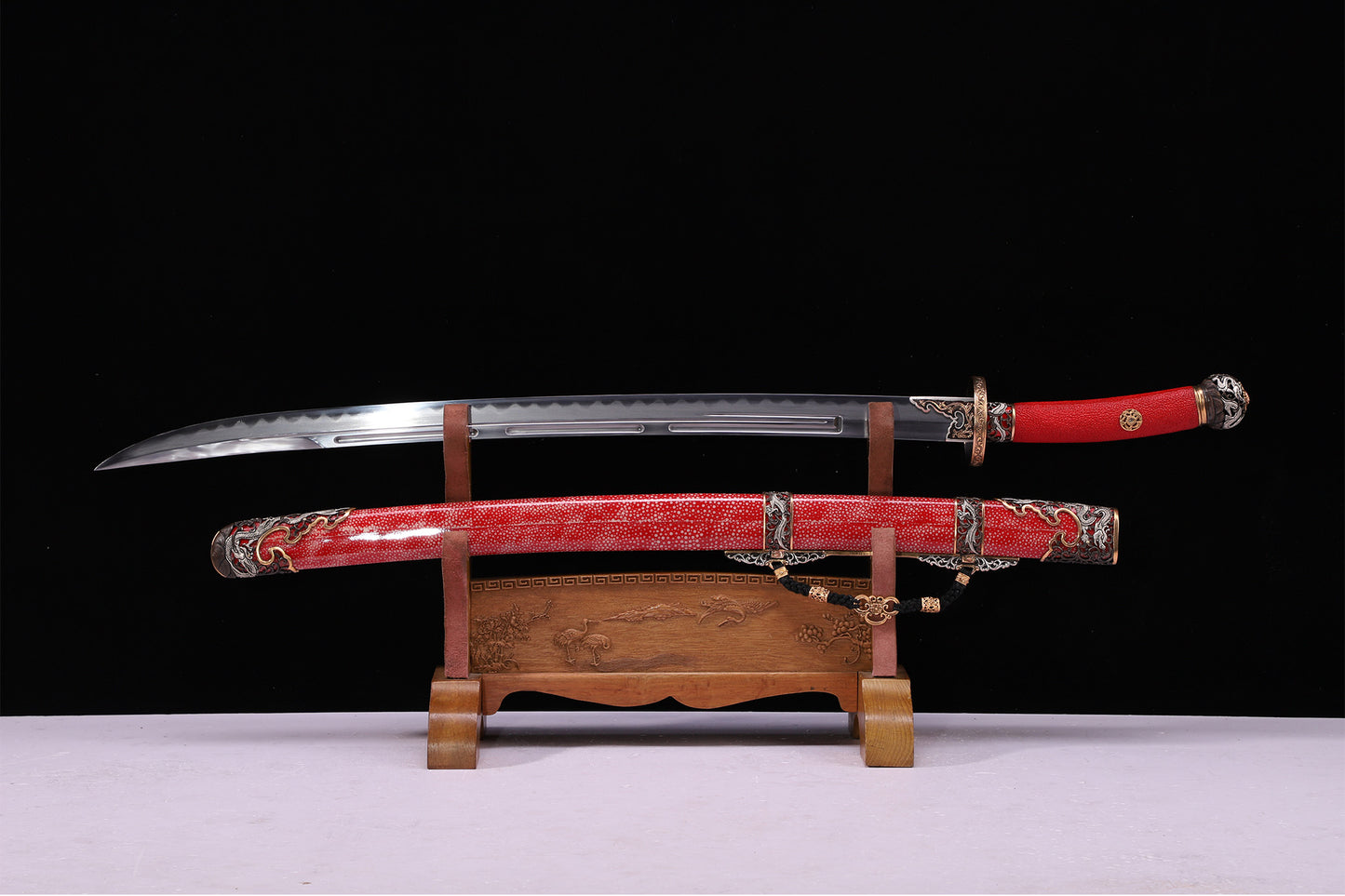 Bright Red Genuine Ray Skin Gold Silver Plated Relief Brass Sword