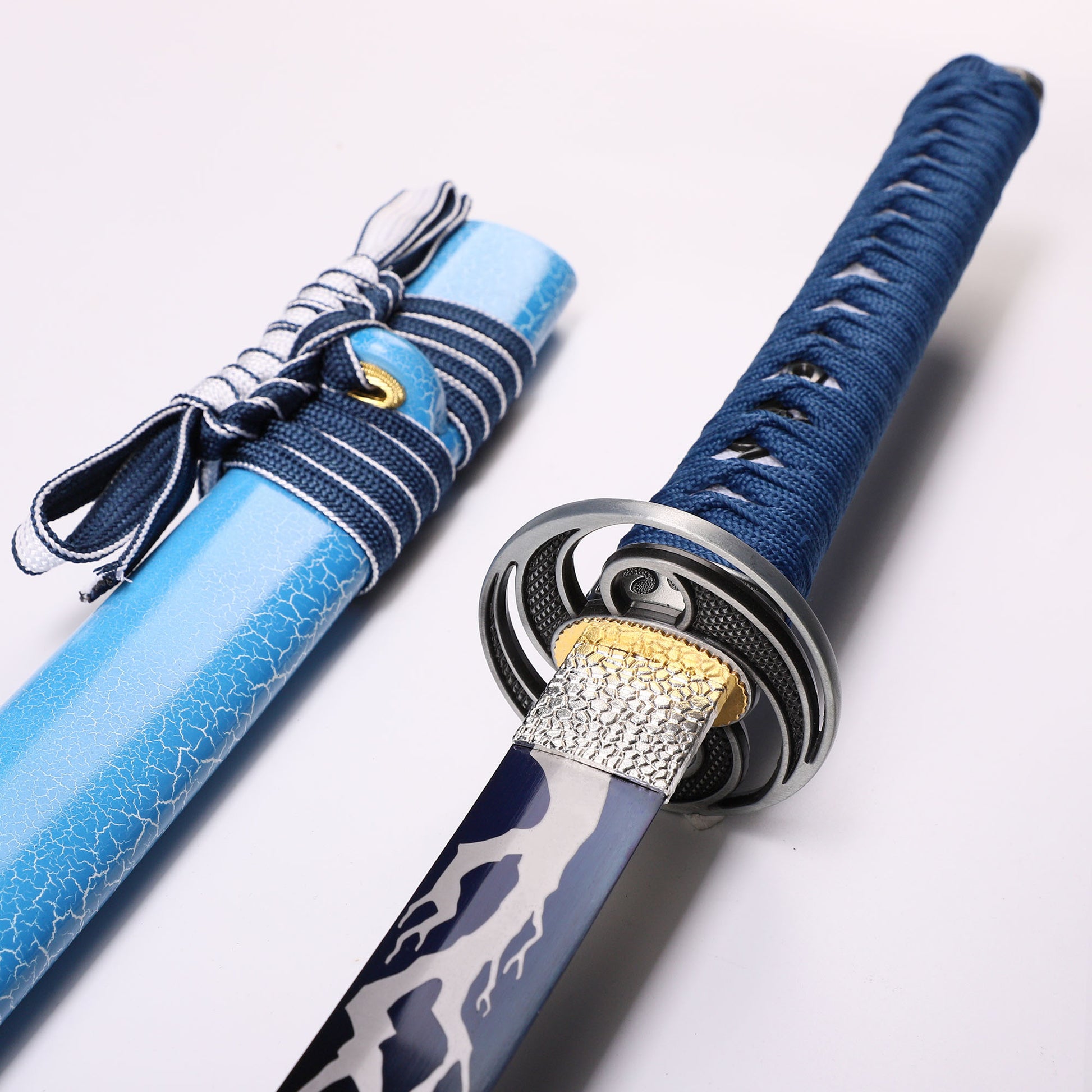 Light Blue Dragon katana tsuba guard detail - dragon motif hand guard close-up