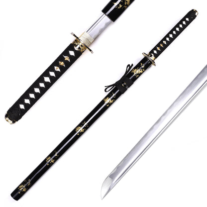 Full tang removable Japanese sword black gold leaf saya full length view - katana