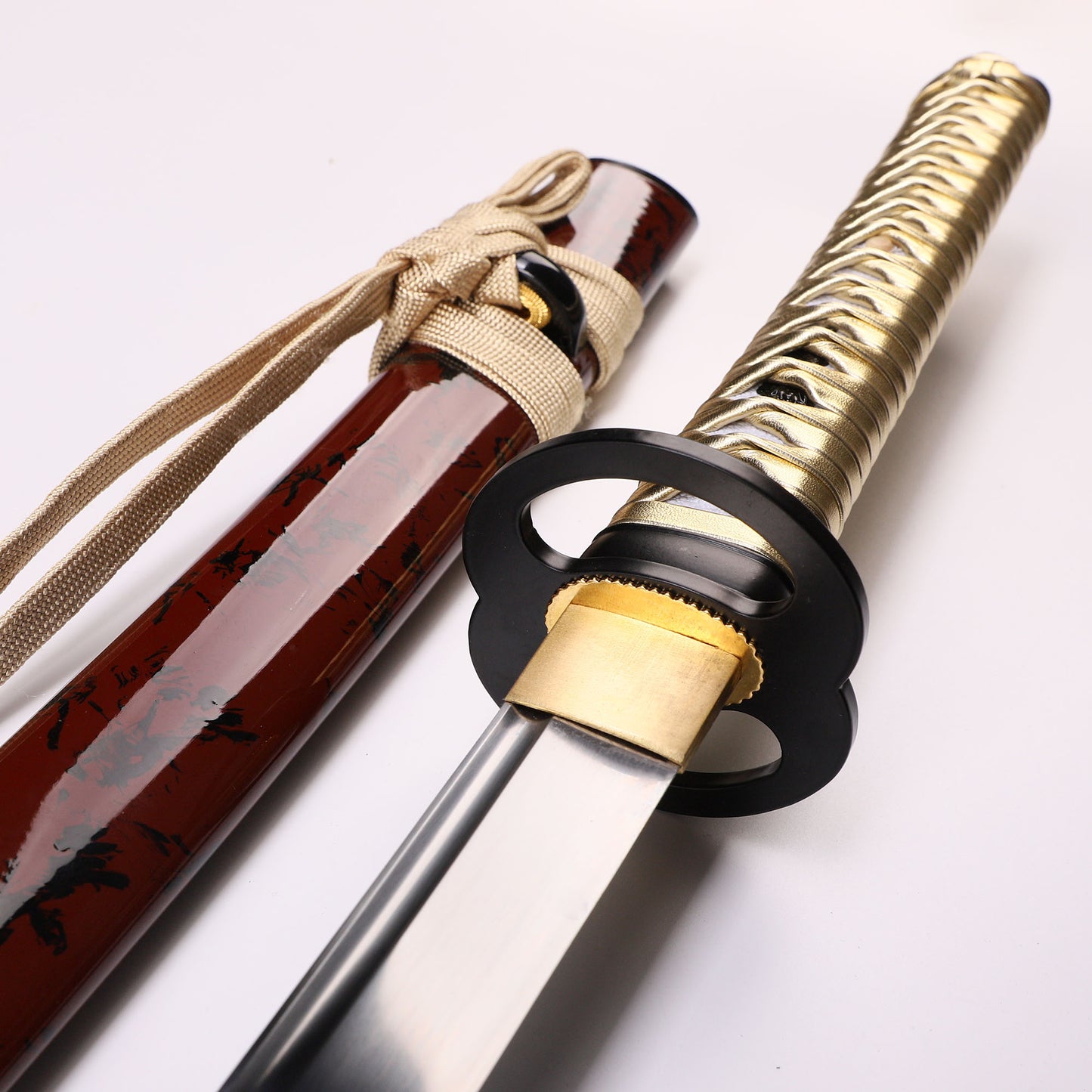 Japanese Samurai Katana, Red-Black Lacquered Wooden Saya