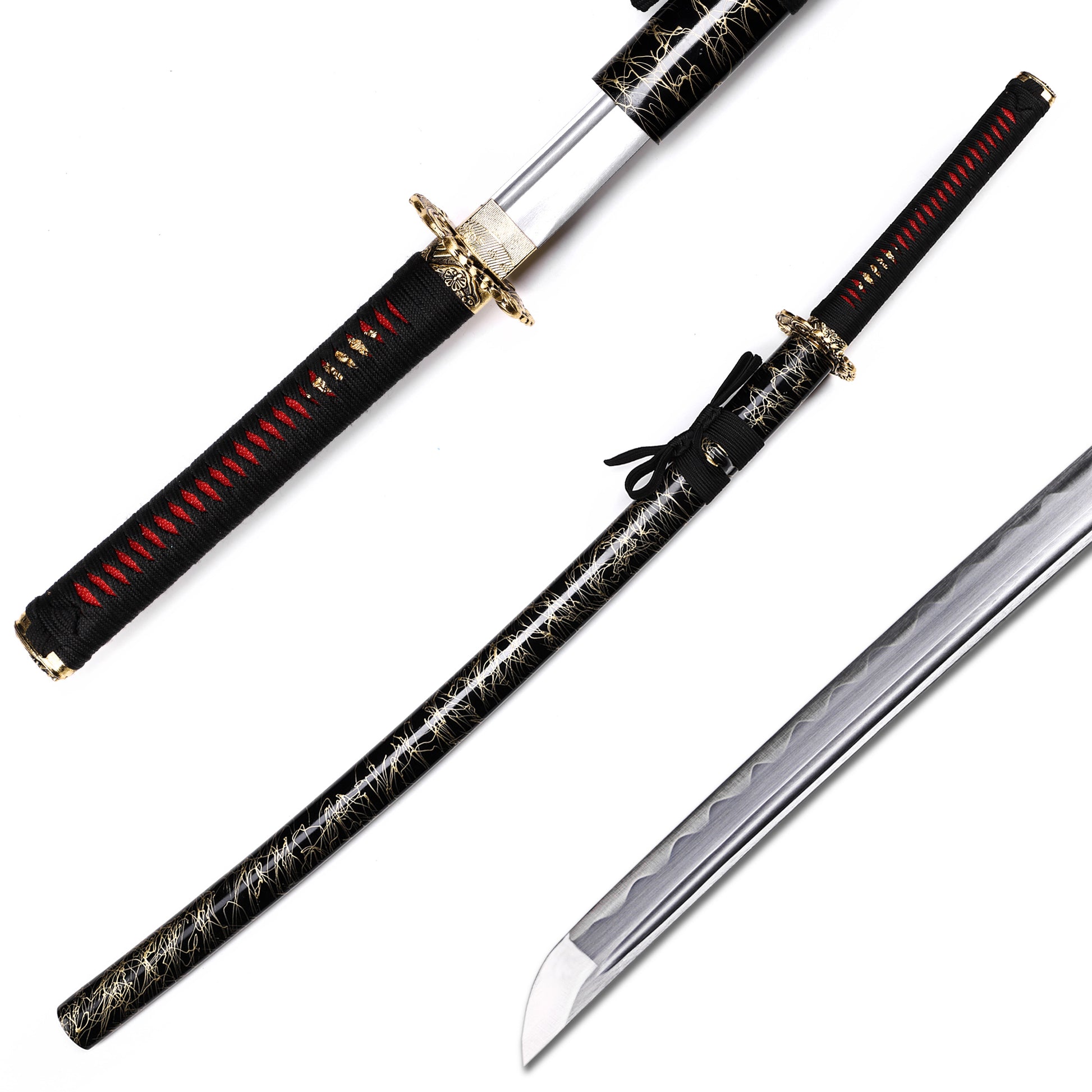 65Mn steel koi fish engraved katana angled view - Japanese samurai sword full tang