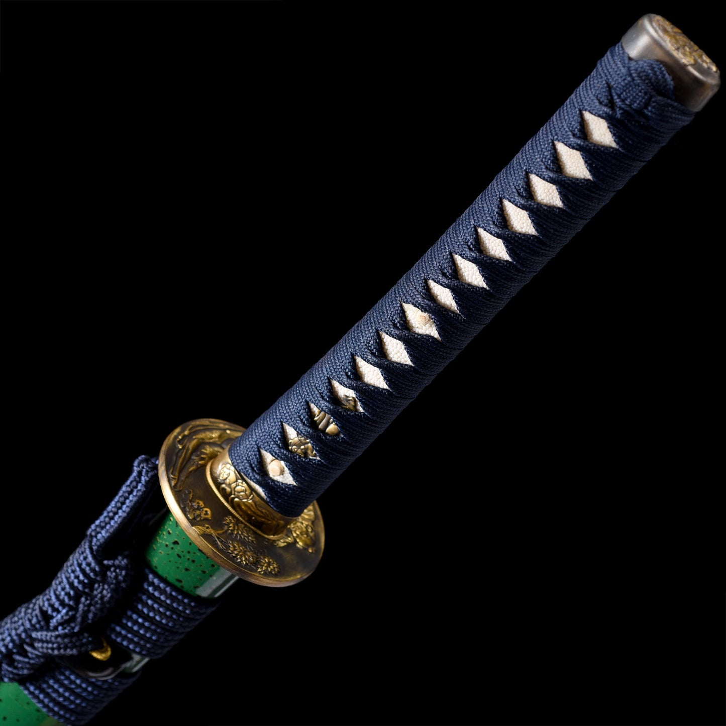 Katana sword handle close-up - traditional ray skin tsuka wrap full tang