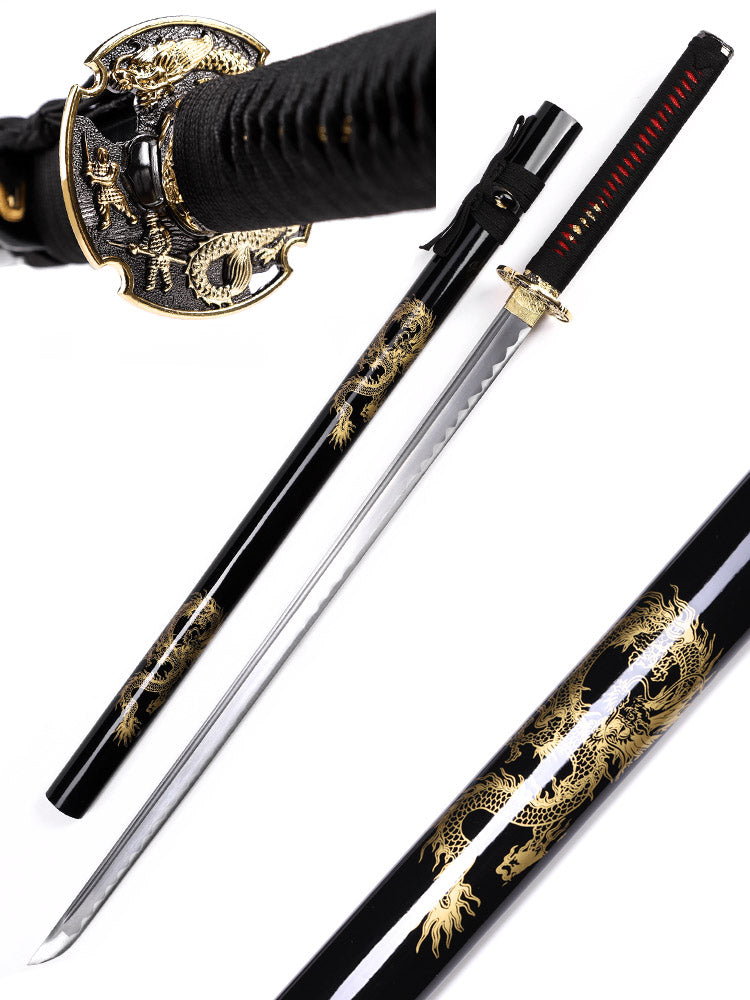 Full tang removable Japanese sword black dragon saya full length view - katana