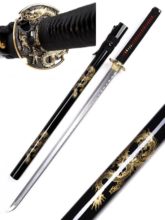 Full tang removable Japanese sword black dragon saya full length view - katana