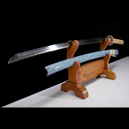 T10 Steel Double Hamon Katana with Beige Handle & Blue-White Art Lacquer Saya