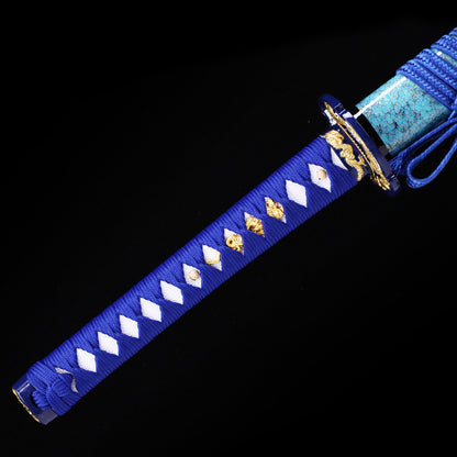 Light Blue Dragon katana handle close-up - blue tsuka wrap with dragon design