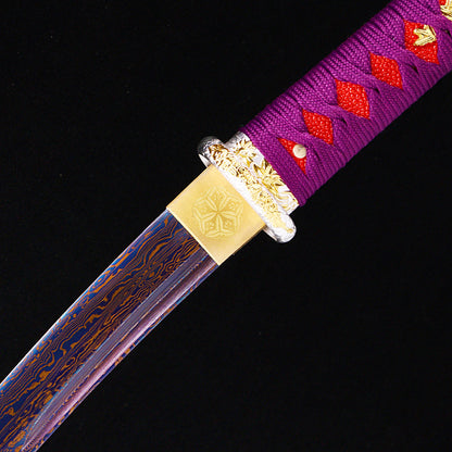 Purple marbled saya tanto blade close-up - razor sharp steel edge and hamon detail