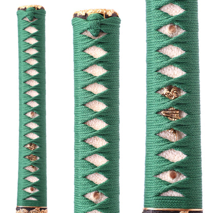 Texture steel katana handle close-up - tsuka wrap with ito binding detail