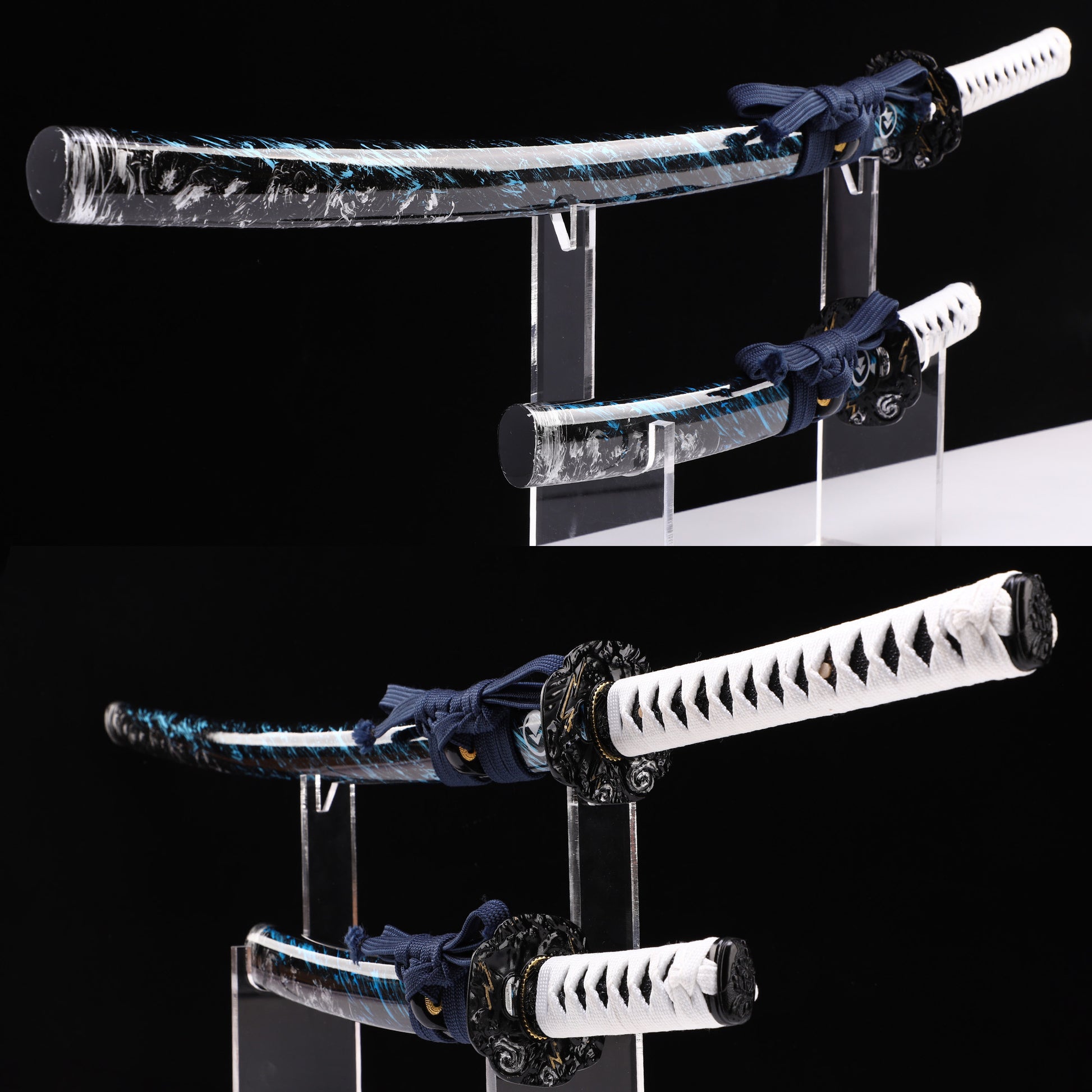 White handle blue flame samurai sword set full length view - katana and wakizashi pair