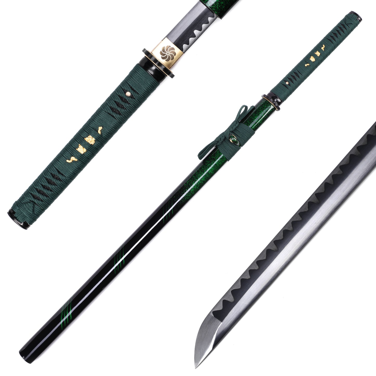 Japanese sword removable blade with green saya scabbard - full set angled view