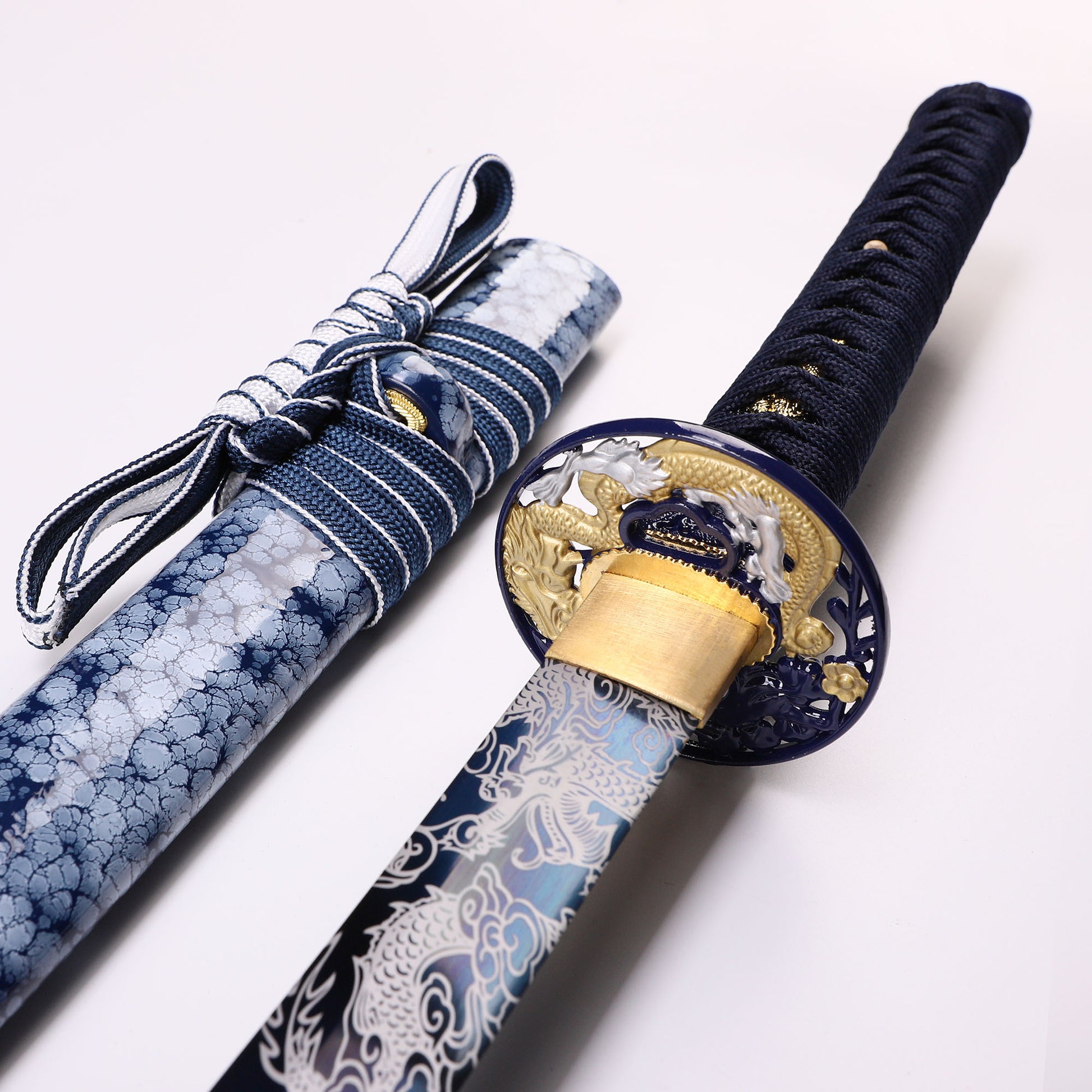 Blue Dragon katana tsuba guard detail - dragon motif hand guard close-up