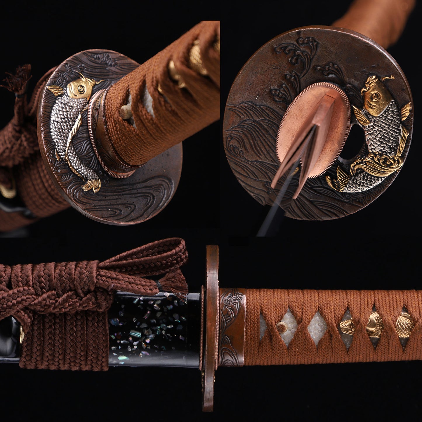 Sanmai-Gumi Clay Tempered Katana, Koi Fish Relief Gold Silver Plated Copper Fittings
