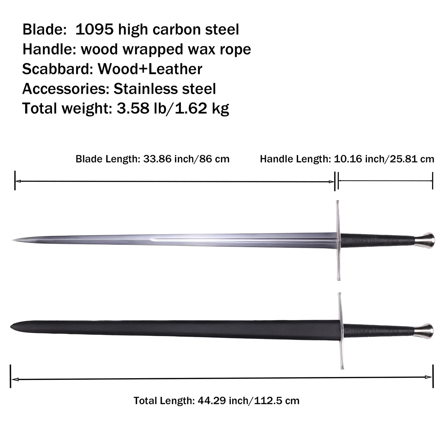 Dimensional drawing: 44.3 "Medieval King Arthur Sword with Wooden Sheath - Dimensional annotation