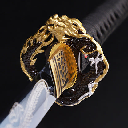 Blue Black Dragon katana Hand protection close-up - blue black tsuka wrap with dragon design