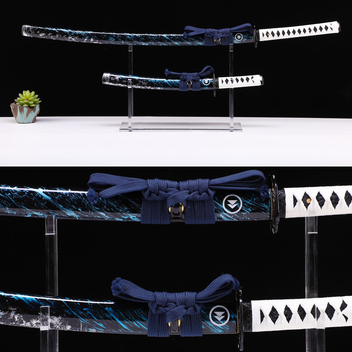 White handle blue flame sword set side profile - long and short blade matching pair