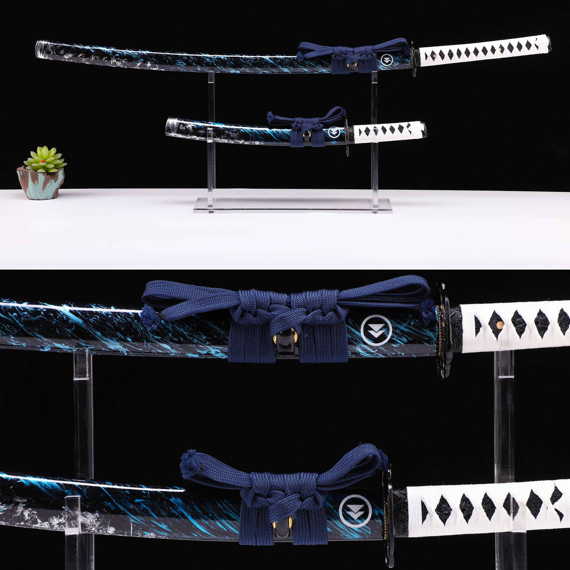 White handle blue flame sword set side profile - long and short blade matching pair