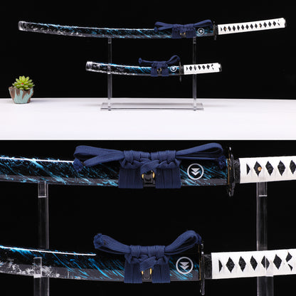 White handle blue flame sword set side profile - long and short blade matching pair
