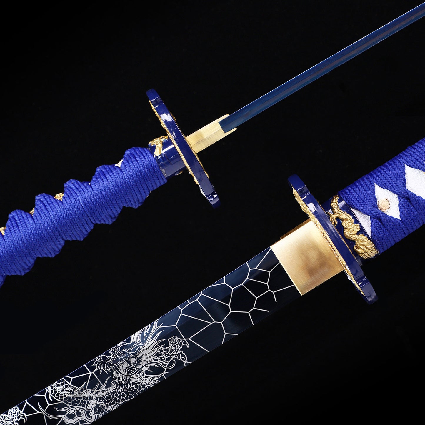 Light Blue Dragon katana blade close-up - razor sharp blue edge and hamon detail