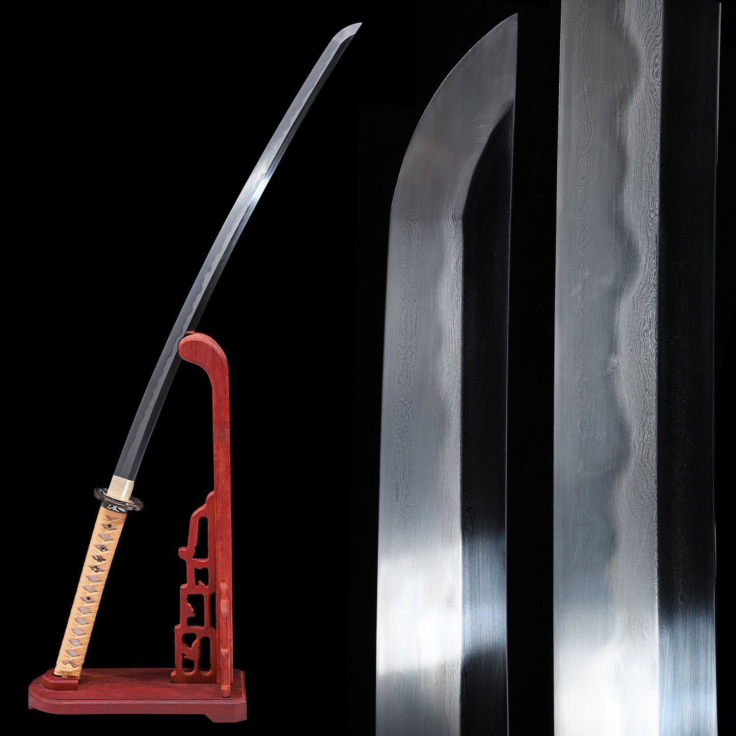 Multi layer pattern steel katana blade close-up - multi layer steel edge and hamon line