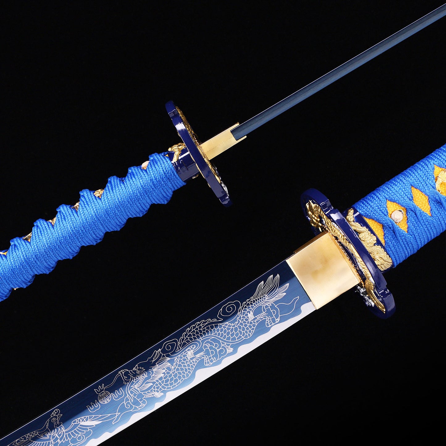 Blue Dragon katana blade close-up - razor sharp blue edge and hamon detail