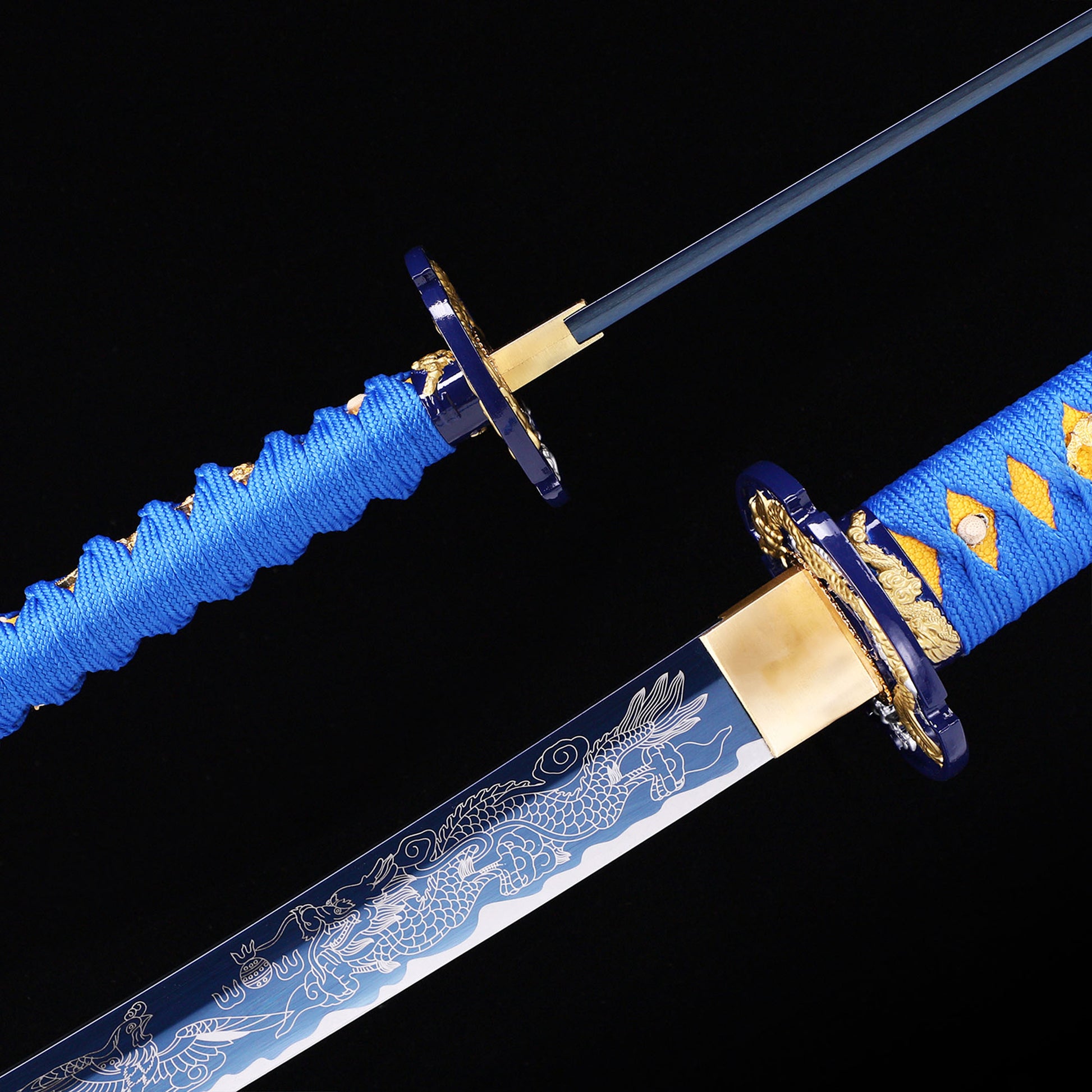 Blue Dragon katana blade close-up - razor sharp blue edge and hamon detail
