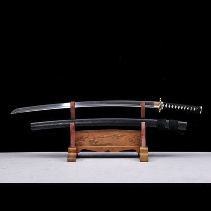 Damascus Steel Oil-Quenched Katana, Black Speckled Lacquer Saya