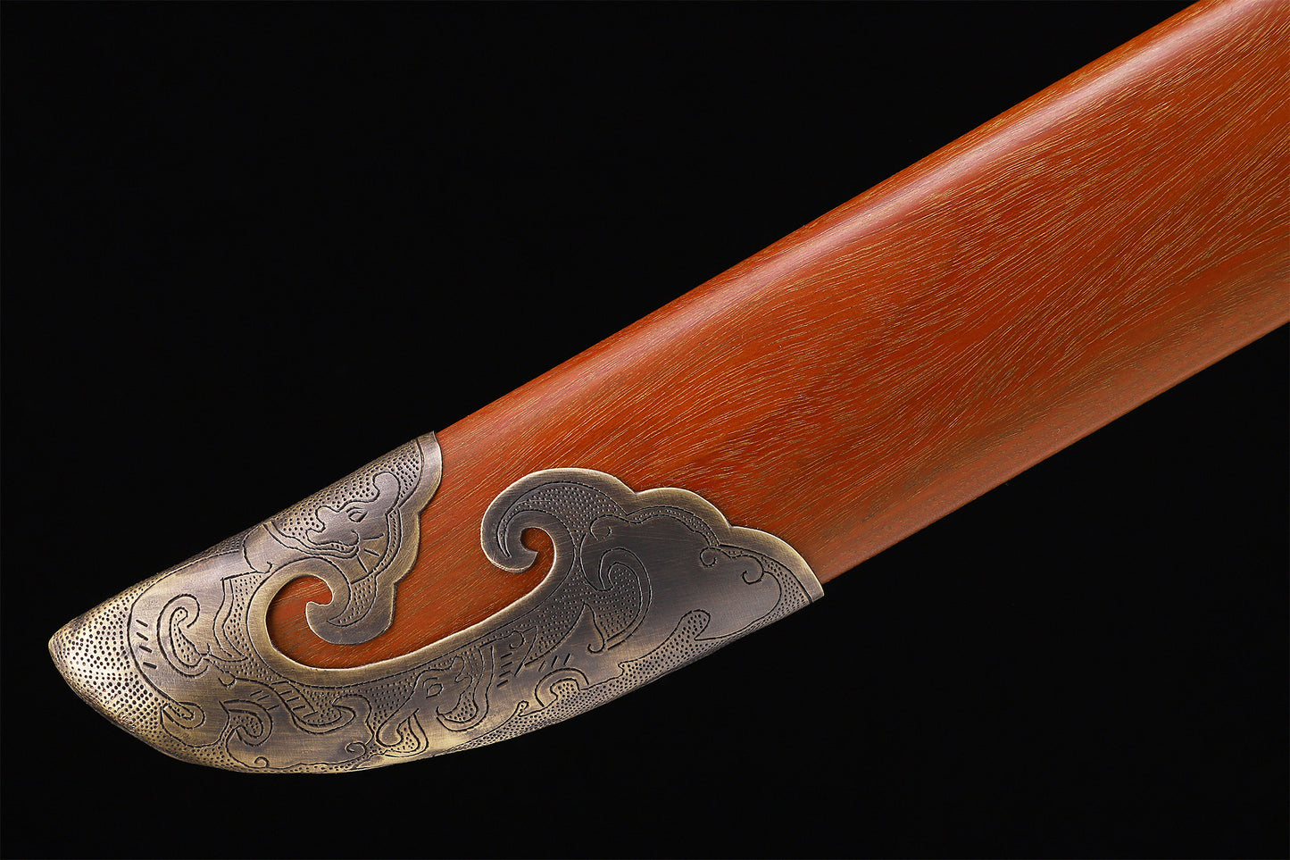 Dragon phoenix sandalwood saya Chinese collectible sword Close up display of scabbard