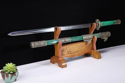 Emerald Green Genuine Ray Skin Vintage Engraved Copper Fittings Tang Straight sword