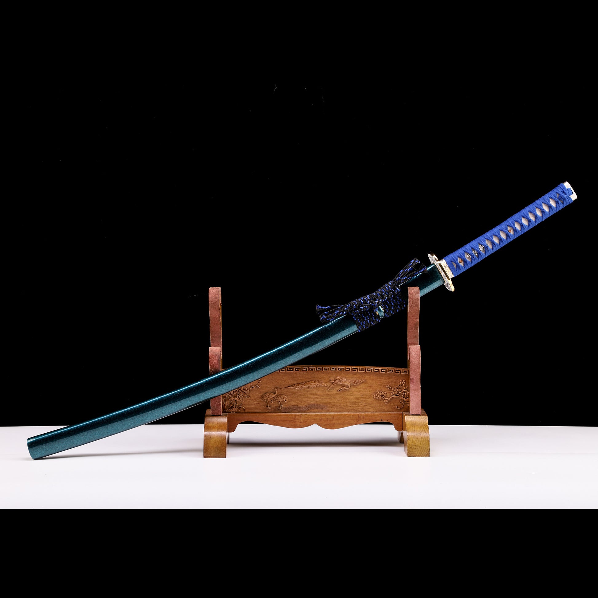 Teal saya blue handle katana angled view