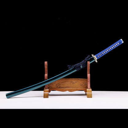 Teal saya blue handle katana angled view