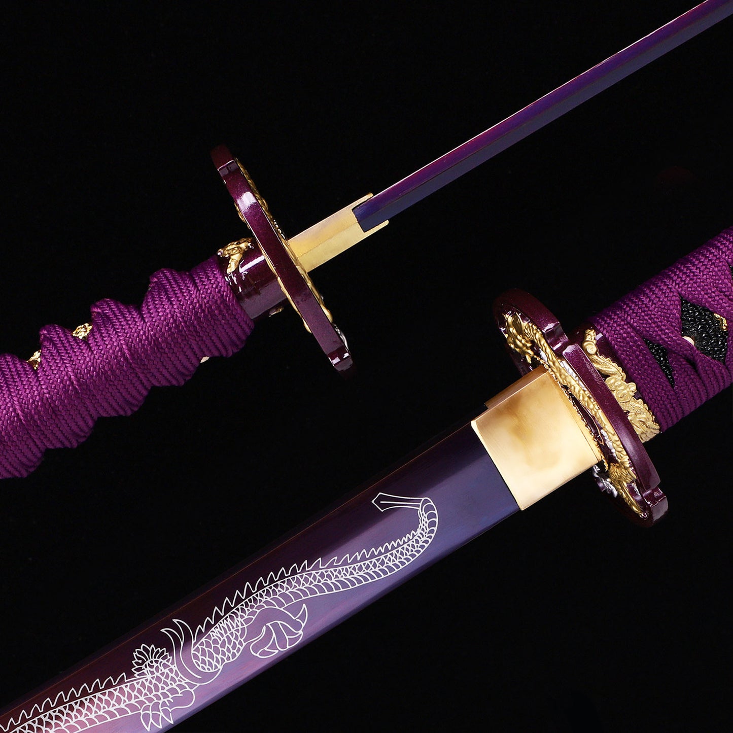 Purple Dragon katana blade close-up - razor sharp purple edge and hamon detail