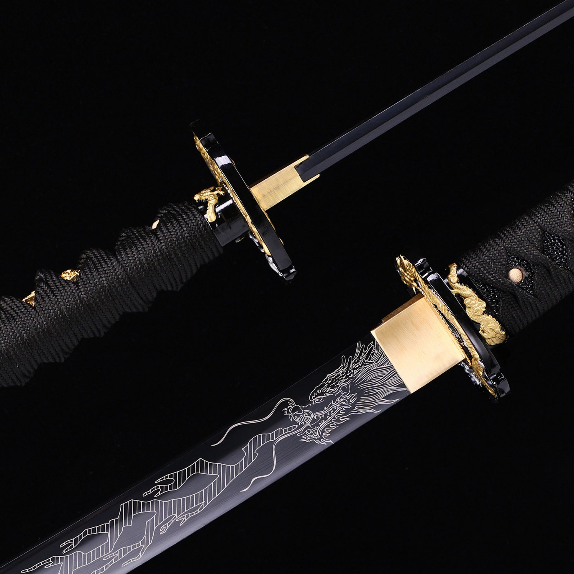 Black Dragon katana blade close-up - razor sharp black edge and hamon detail